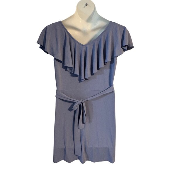 Sun & Shadow Blue Ruffle Faux Wrap Dress XL Belted Lightweight Stretch - Picture 3 of 5